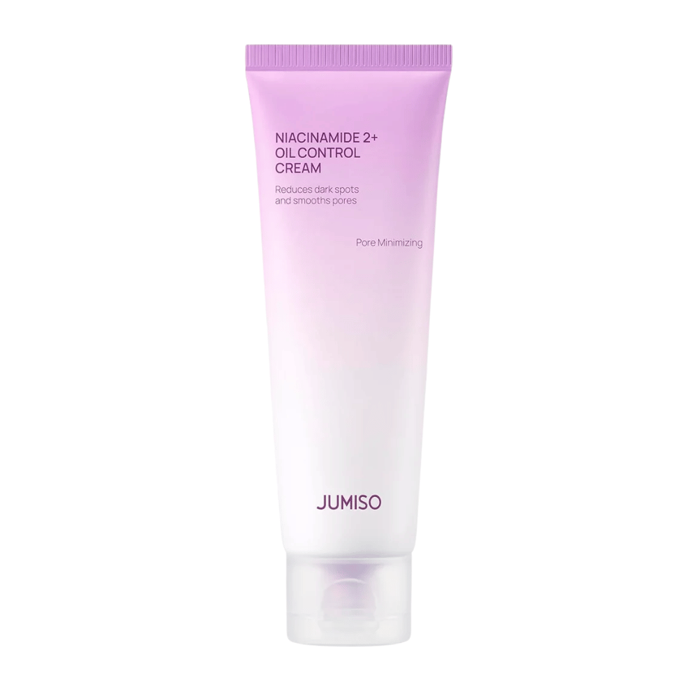 Image du produit de JUMISO Niacinamide 2+ Oil Control Cream sur fond clair. Le tube rose et blanc met en avant l’accent du produit sur le contrôle du sébum, la réduction des pores et l’amélioration du teint pour les peaux grasses et mixtes.
