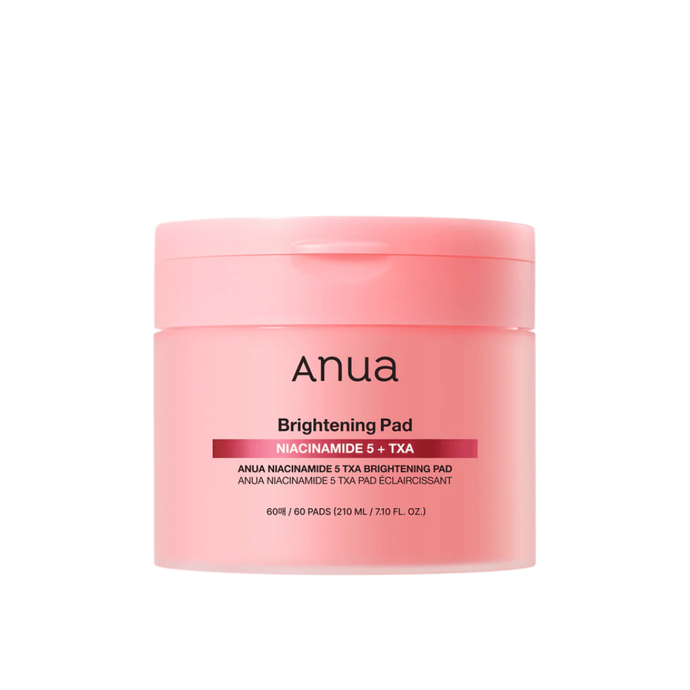 Emballage rose de Anua Brightening Pad avec le texte "Niacinamide 5 + TXA", contient 60 pads pour le soin de la peau axé sur l'éclat et un teint plus uniforme.