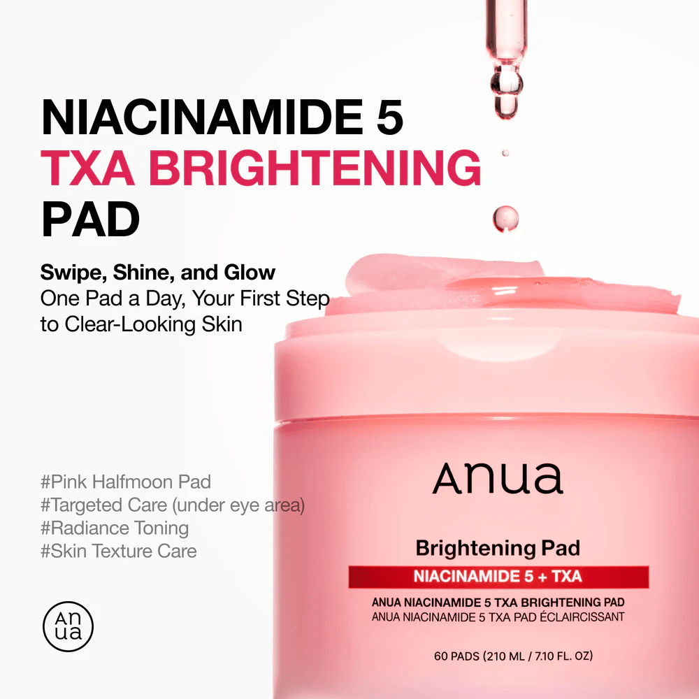 Pot rose avec Anua Niacinamide 5 TXA Brightening Pad et pads semi-formés, avec un texte mettant en avant l'éclat, un teint plus uniforme et un soin ciblé avec niacinamide et acide tranexamique.