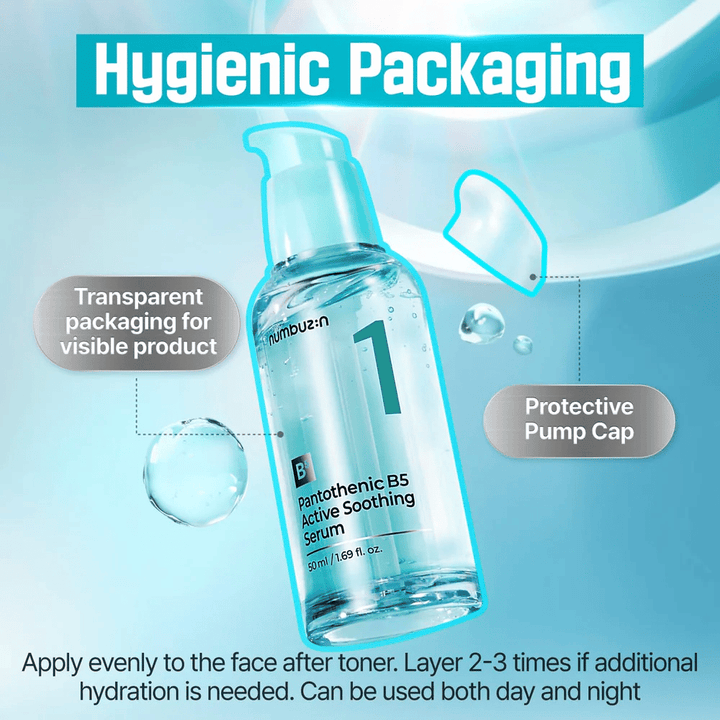 numbuzin No.1 Pantothenic B5 Active Soothing Serum 50 ml – sérum apaisant B5 avec pompe hygiénique et flacon transparent pour peau sujette à l'acné