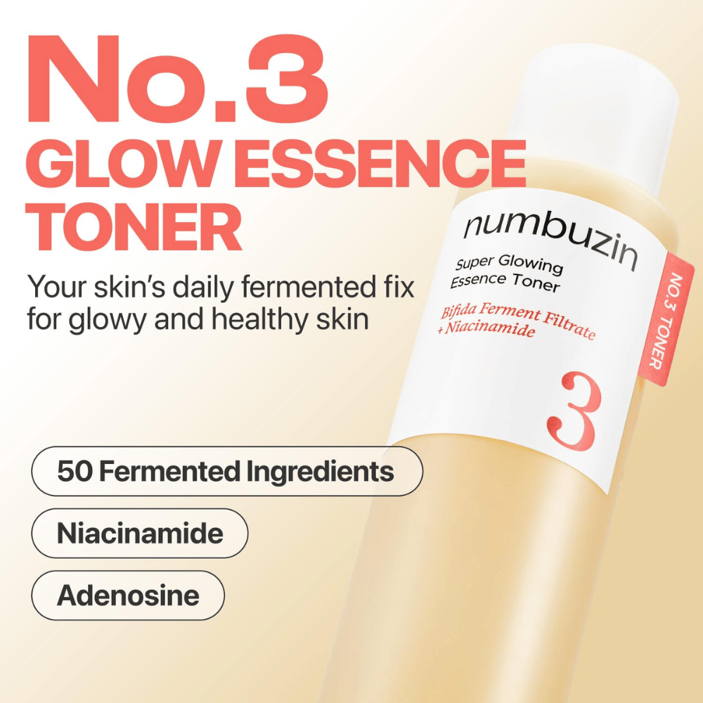 Numbuzin No.3 Glow Essence Toner – essence fermentée quotidienne pour une peau fraîche, hydratée et éclatante.