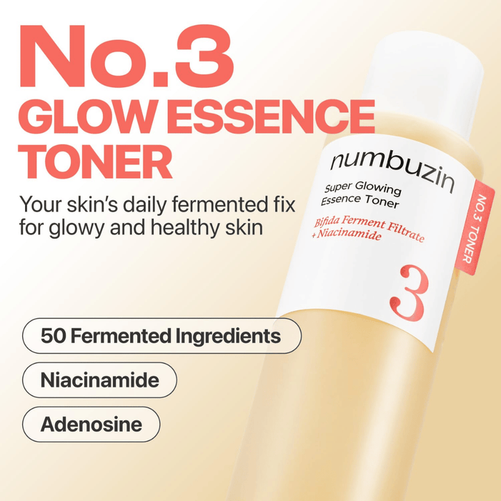 Numbuzin No.3 Glow Essence Toner – essence fermentée quotidienne pour une peau fraîche, hydratée et éclatante.