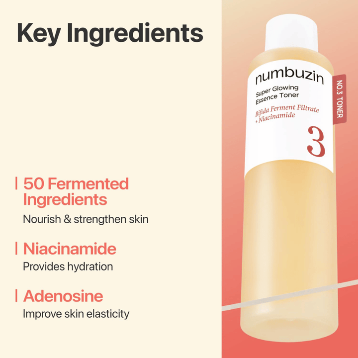 Numbuzin No.3 Toner contient 50 ingrédients fermentés, de la niacinamide et de l'adénosine qui renforcent et hydratent la peau.