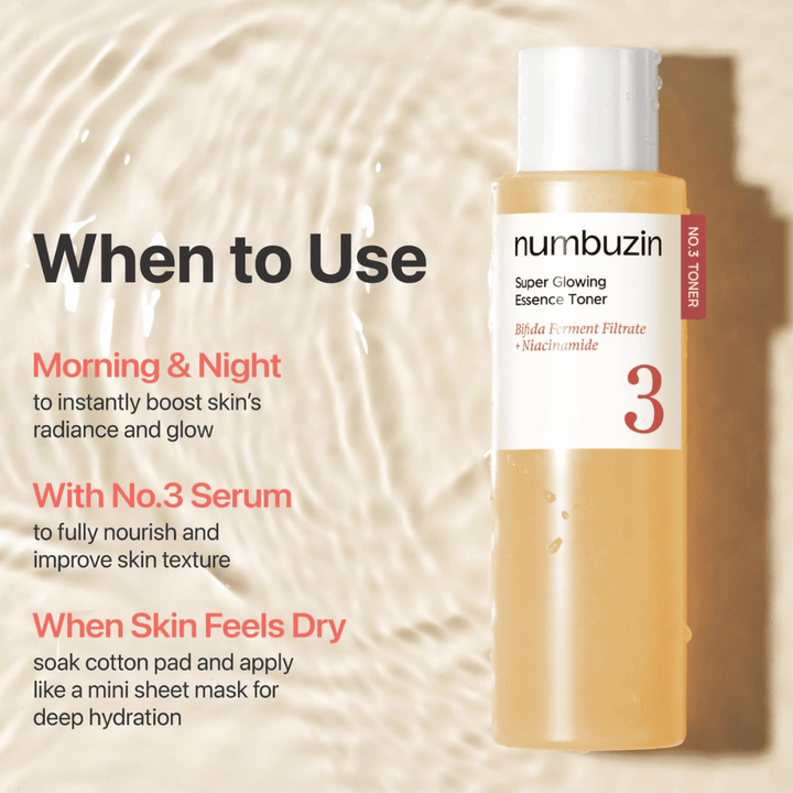 Utilisation de Numbuzin No.3 Toner – matin, soir ou en cas de sécheresse pour donner à la peau éclat et hydratation profonde.