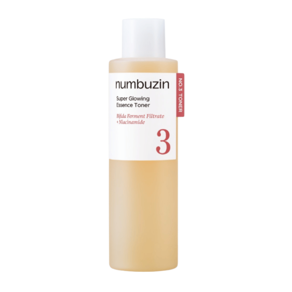 Numbuzin No.3 Super Glowing Essence Toner – des tons lumineux avec du filtrat de ferment bifida et de la niacinamide.