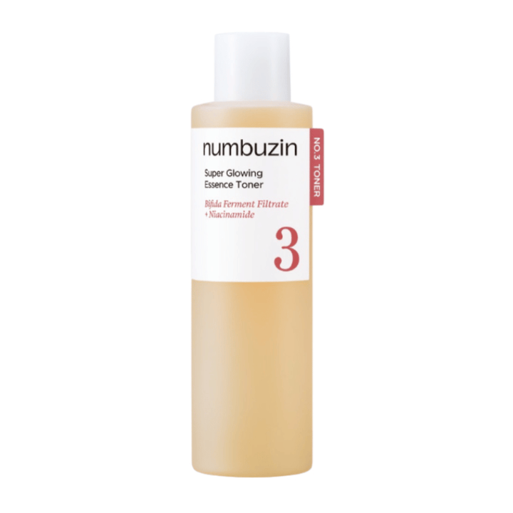 Numbuzin No.3 Super Glowing Essence Toner – des tons lumineux avec du filtrat de ferment bifida et de la niacinamide.