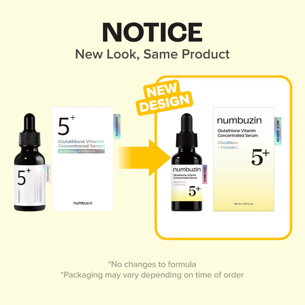 numbuzin No.5+ Glutathione Vitamin Concentrated Serum dans un nouveau design d’emballage – la même formule pour l’éclat et un teint plus uniforme.