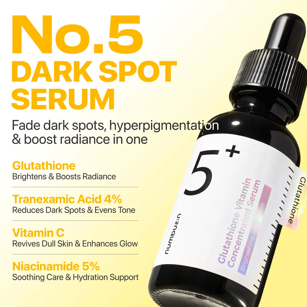numbuzin No.5+ Glutathione Vitamin Concentrated Serum – sérum illuminateur contenant du glutathion, de l’acide tranexamique, de la vitamine C et 5 % de niacinamide.
