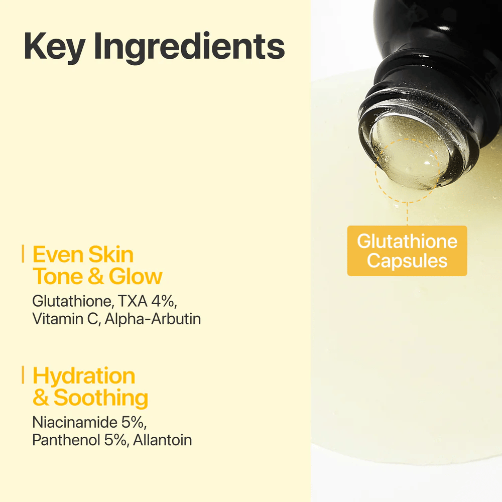 numbuzin No.5+ Glutathione Vitamin Concentrated Serum avec du glutathion, 4 % d’acide tranexamique, de la vitamine C, de l’alpha-arbutine, de la niacinamide et du panthénol.