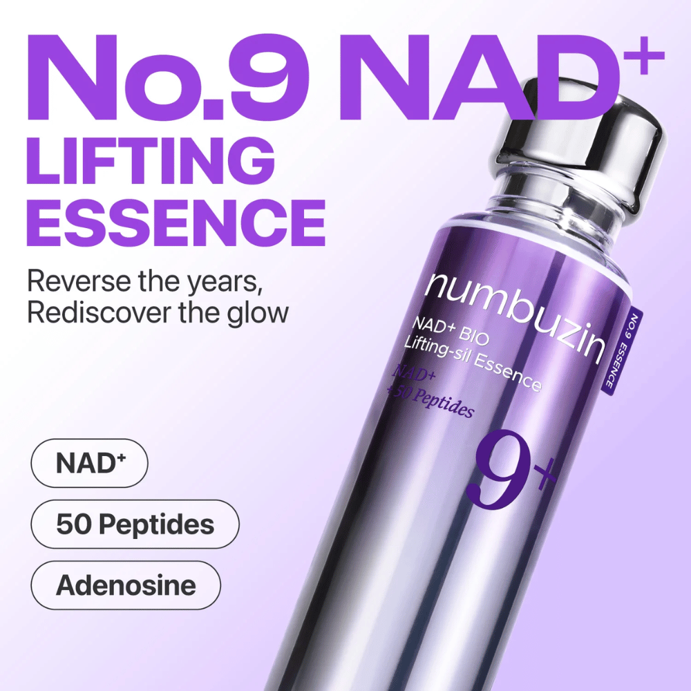 Numbuzin No.9 NAD+ Lifting Essence – essence puissante avec NAD+, peptides et adénosine qui restaure l'éclat et la fermeté de la peau.