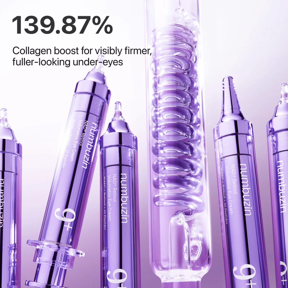 Illustration montrant le boost de collagène de No.9 NAD+ Retinol Volumetox Eye Cream, conçu pour une peau plus ferme et plus pleine sous les yeux avec des résultats visibles.