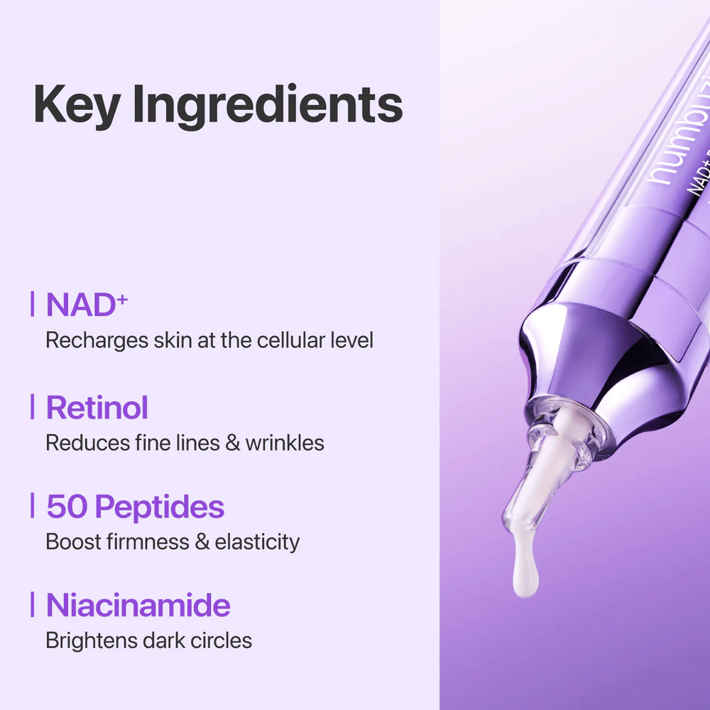 Ingrédients clés dans No.9 NAD+ Retinol Volumetox Eye Cream, avec NAD+, rétinol, 50 peptides et niacinamide qui aident à renforcer la peau et à réduire les ridules.