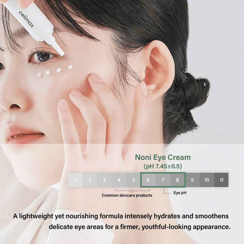 Une femme applique Noni Eye Cream sous les yeux. Le produit est emballé dans un tube blanc et est placé en petits points autour de la zone des yeux. Le texte sous l'image décrit que la crème est légère mais nourrissante, intensifie l'hydratation de la peau et donne un aspect plus ferme et plus jeune. La valeur de pH du produit (7,45±0,5) est également affichée.