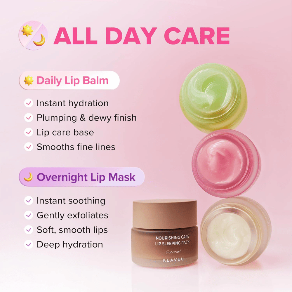 KLAVUU Nourishing Care Lip Sleeping Pack Coconut peut être utilisé comme baume à lèvres pendant la journée ou comme masque intensif pour les lèvres pendant la nuit pour des lèvres douces.