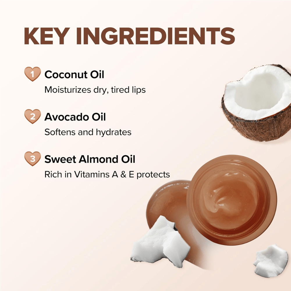 KLAVUU Nourishing Care Lip Sleeping Pack Coconut avec de l’huile de coco, de l’huile d’avocat et de l’huile d’amande qui hydratent, soignent et protègent les lèvres sèches.