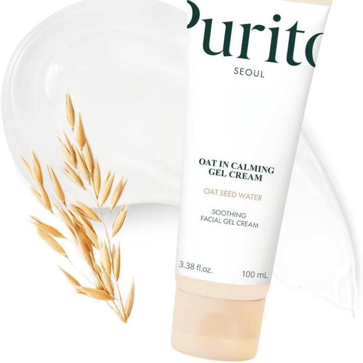 Purito Oat-In Calming Gel Cream med havre och krämstruktur. Återfuktande gelkräm med Oat Seed Water för mjuk, balanserad hud.