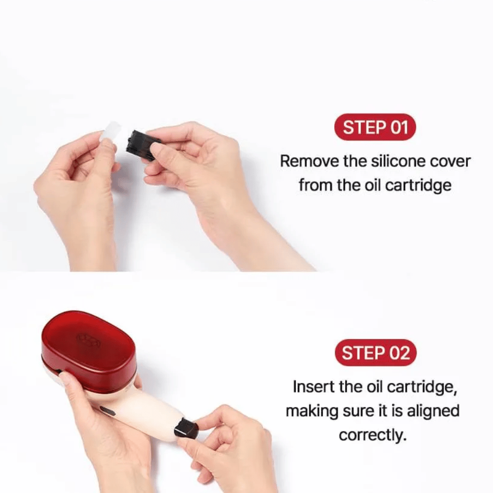 MOEV Cartouches d'huile – guide étape par étape : retirez le manchon en silicone et insérez correctement la cartouche d'huile dans l'appareil de soin capillaire.