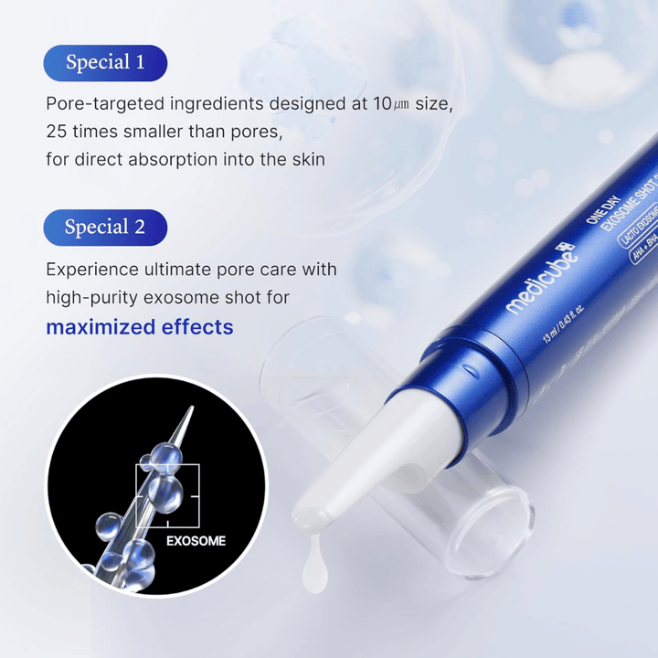 Medicube One Day Exosome Shot Pore Ampoule 25000 avec des exosomes qui améliorent l’absorption, minimisent les pores et offrent un soin intensif de la peau