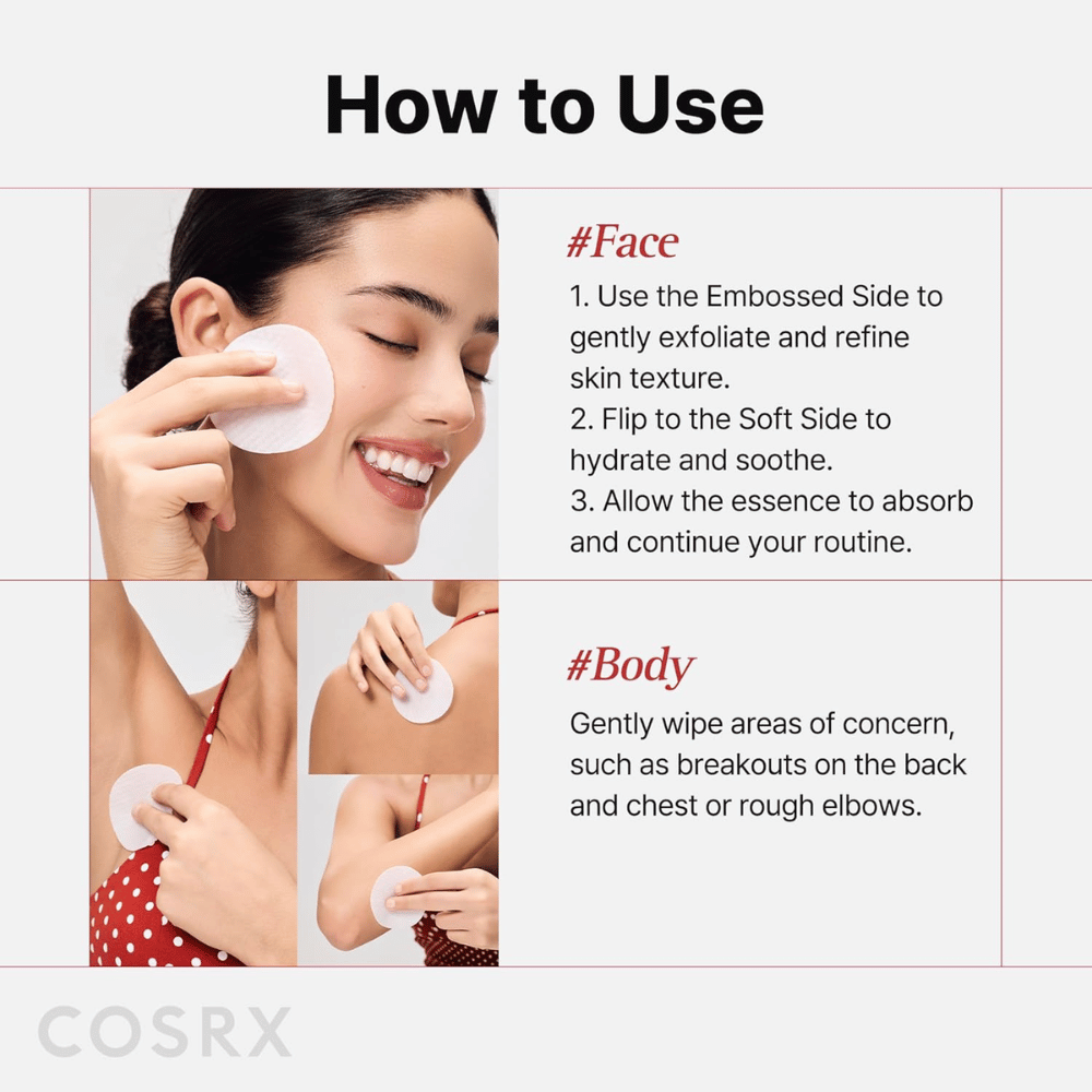 Image d’instructions montrant comment COSRX One Step Original Blemish Pore Clear Pad s’utilise sur le visage et le corps pour l’exfoliation et le soin.