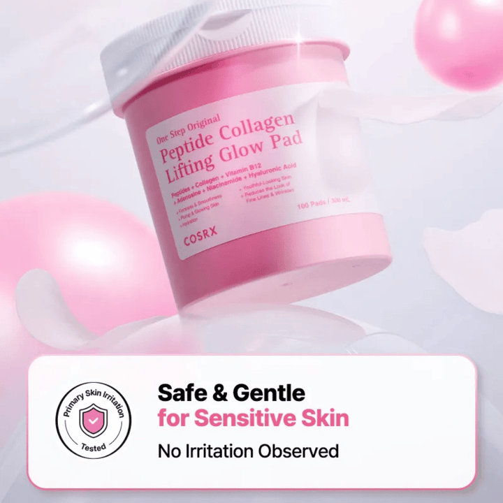 Image produit de COSRX One Step Original Peptide Collagen Lifting Glow Pad avec un message sur une formule douce pour les peaux sensibles et testée pour une faible irritation.