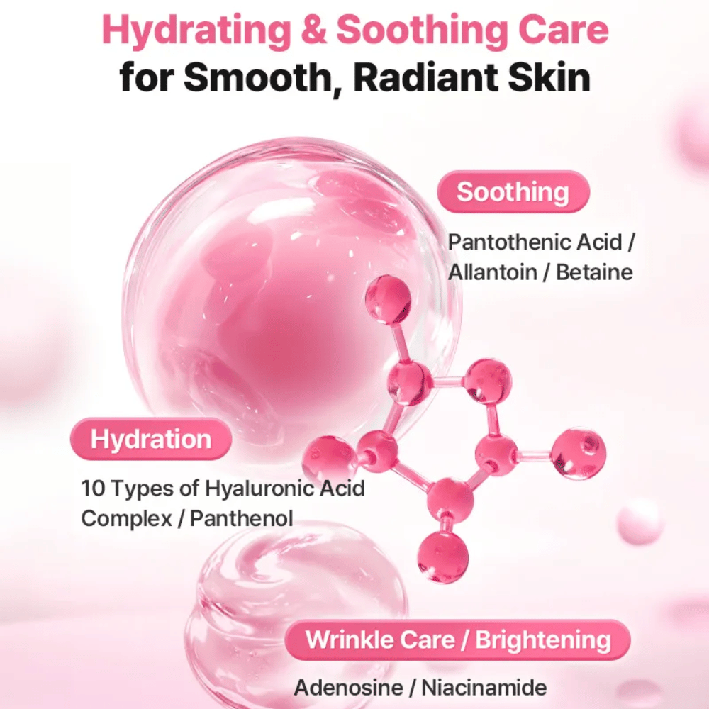 Image illustrative des ingrédients de COSRX Peptide Collagen Lifting Glow Pad, mettant l’accent sur l’hydratation, l’effet apaisant ainsi que des ingrédients illuminateurs comme l’acide hyaluronique, la niacinamide et le panthénol.