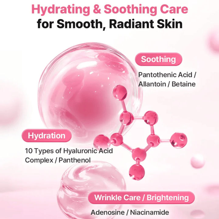 Image illustrative des ingrédients de COSRX Peptide Collagen Lifting Glow Pad, mettant l’accent sur l’hydratation, l’effet apaisant ainsi que des ingrédients illuminateurs comme l’acide hyaluronique, la niacinamide et le panthénol.