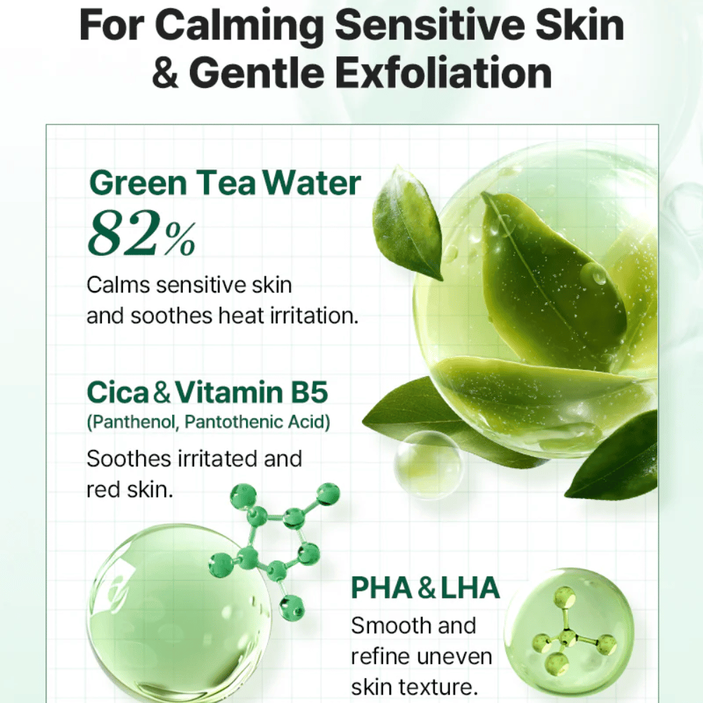 Image informative pour COSRX One Step Original Clear Skin Calming Pad avec de l’eau de thé vert, du Cica, de la vitamine B5 ainsi qu’une exfoliation douce au PHA et au LHA.