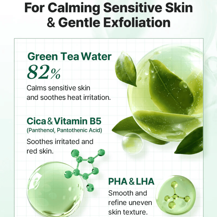 Image informative pour COSRX One Step Original Clear Skin Calming Pad avec de l’eau de thé vert, du Cica, de la vitamine B5 ainsi qu’une exfoliation douce au PHA et au LHA.
