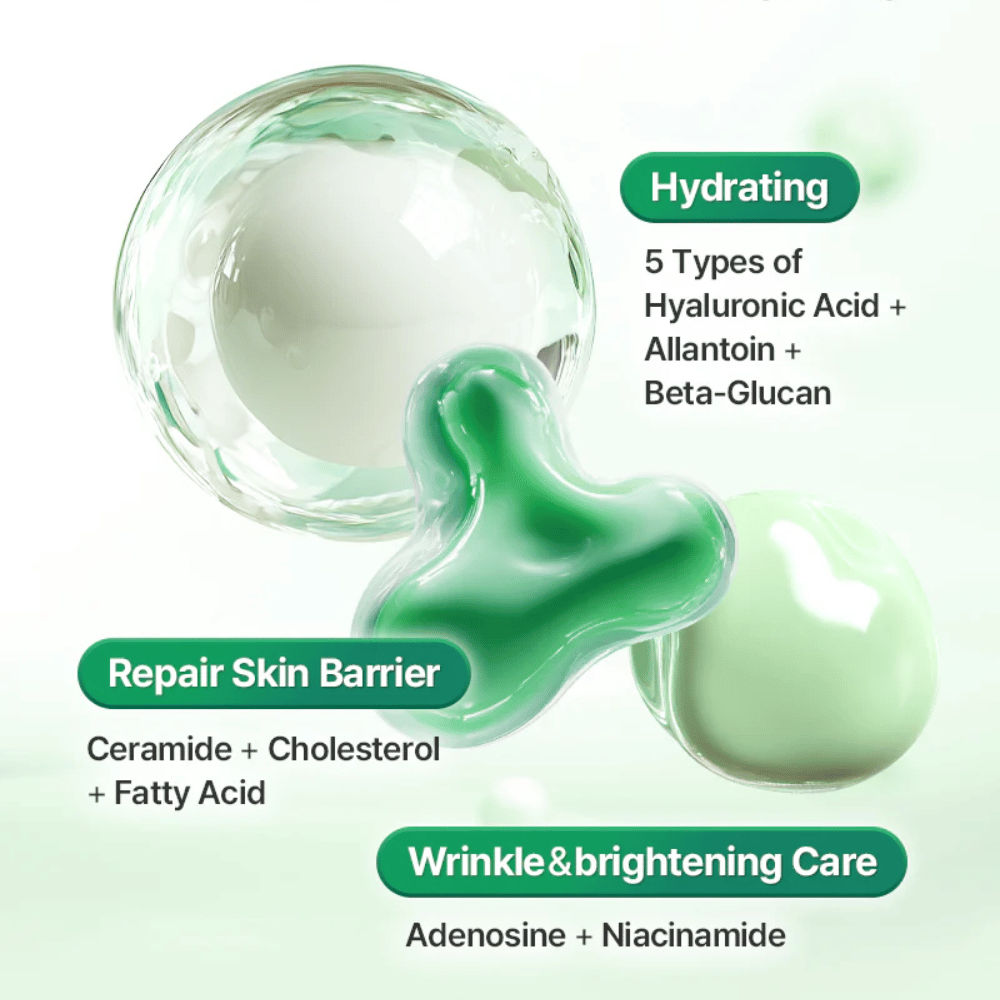 Image illustrative montrant les ingrédients et les bienfaits pour la peau de COSRX One Step Original Clear Skin Calming Pad, notamment l’acide hyaluronique, les céramides et la niacinamide.