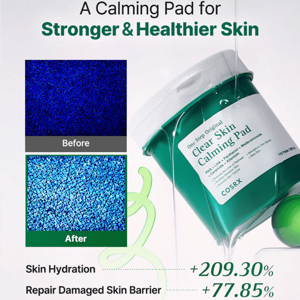 Image promotionnelle pour COSRX One Step Original Clear Skin Calming Pad montrant une hydratation améliorée et une barrière cutanée renforcée après utilisation.