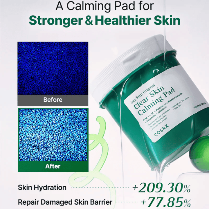 Image promotionnelle pour COSRX One Step Original Clear Skin Calming Pad montrant une hydratation améliorée et une barrière cutanée renforcée après utilisation.