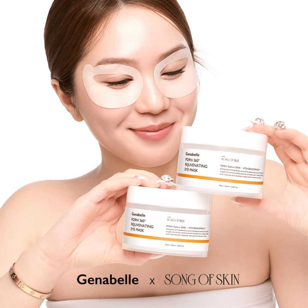 Genabelle PDRN Masque contour des yeux régénérant 360° appliqué sur l’ensemble du contour des yeux pour l’hydratation, une élasticité accrue et un regard plus frais.