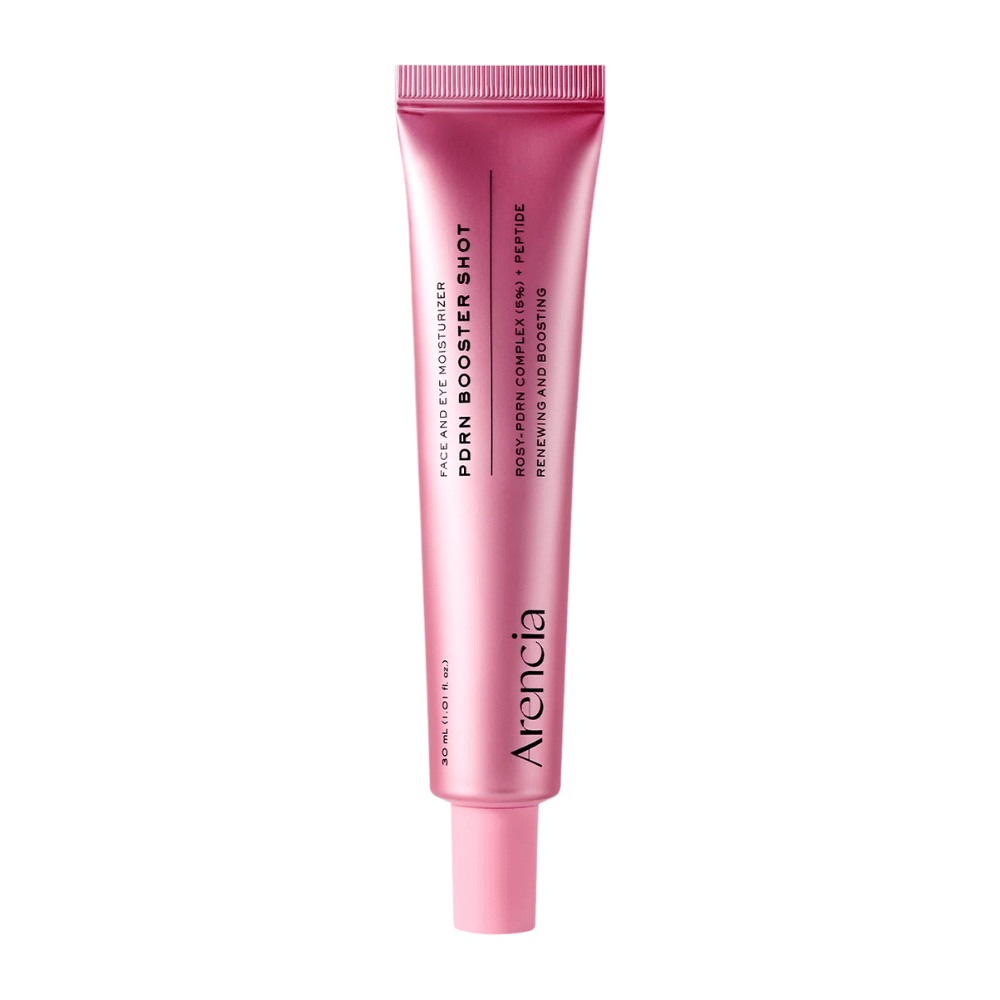 Image produit épurée de Arencia PDRN Booster Shot avec un emballage rose minimaliste et un accent sur les soins hydratants, réparateurs et éclatants pour la peau.