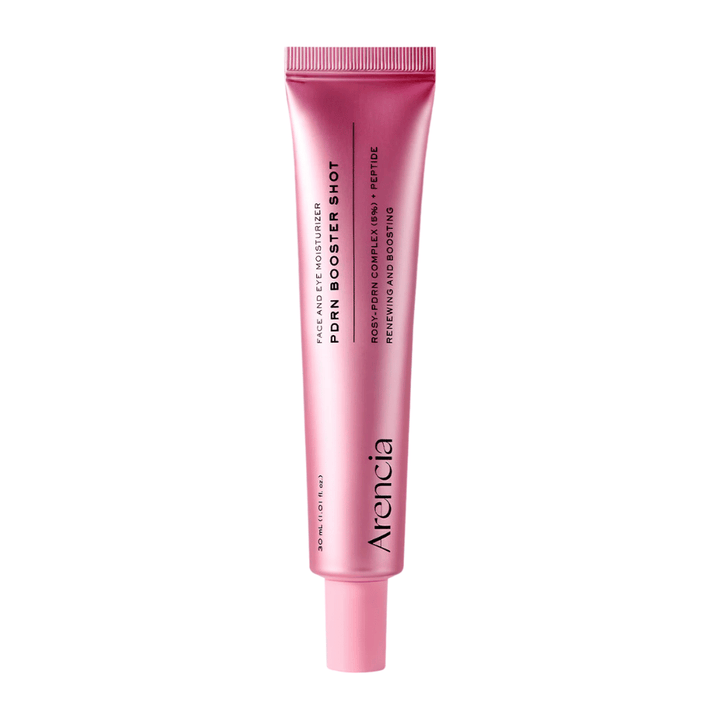 Image produit épurée de Arencia PDRN Booster Shot avec un emballage rose minimaliste et un accent sur les soins hydratants, réparateurs et éclatants pour la peau.