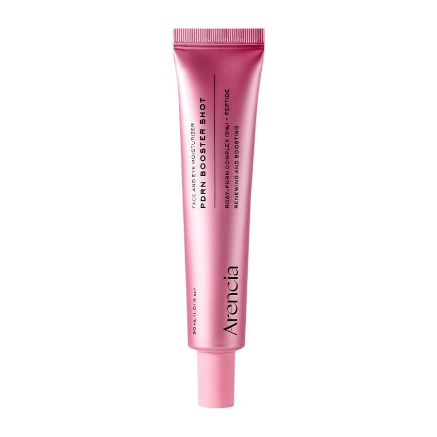 Image produit épurée de Arencia PDRN Booster Shot avec un emballage rose minimaliste et un accent sur les soins hydratants, réparateurs et éclatants pour la peau.