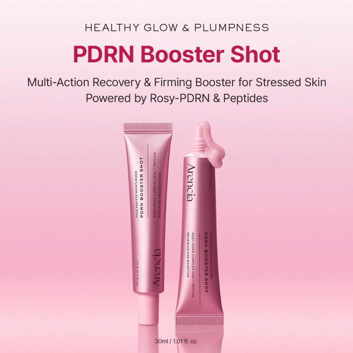 Image produit de Arencia PDRN Booster Shot en tube rose avec applicateur ouvert. L’accent est mis sur l’éclat, une peau plus rebondie et des soins réparateurs avec PDRN et des peptides.