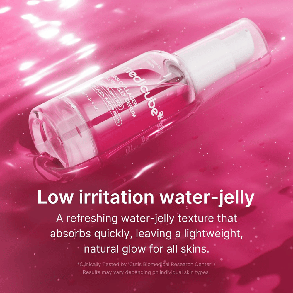 Medicube PDRN Collagen Glow Jelly Serum avec une texture légère gelée aqueuse qui s’absorbe rapidement et apporte de l’éclat