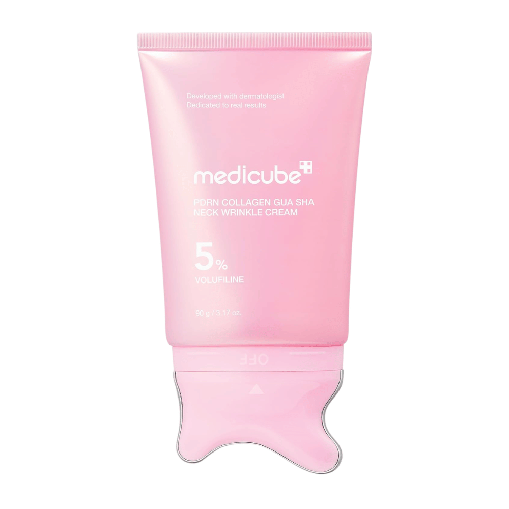6. Medicube PDRN Collagen Gua Sha Neck Wrinkle Cream 90 g – tube rose avec applicateur gua sha intégré sur fond blanc