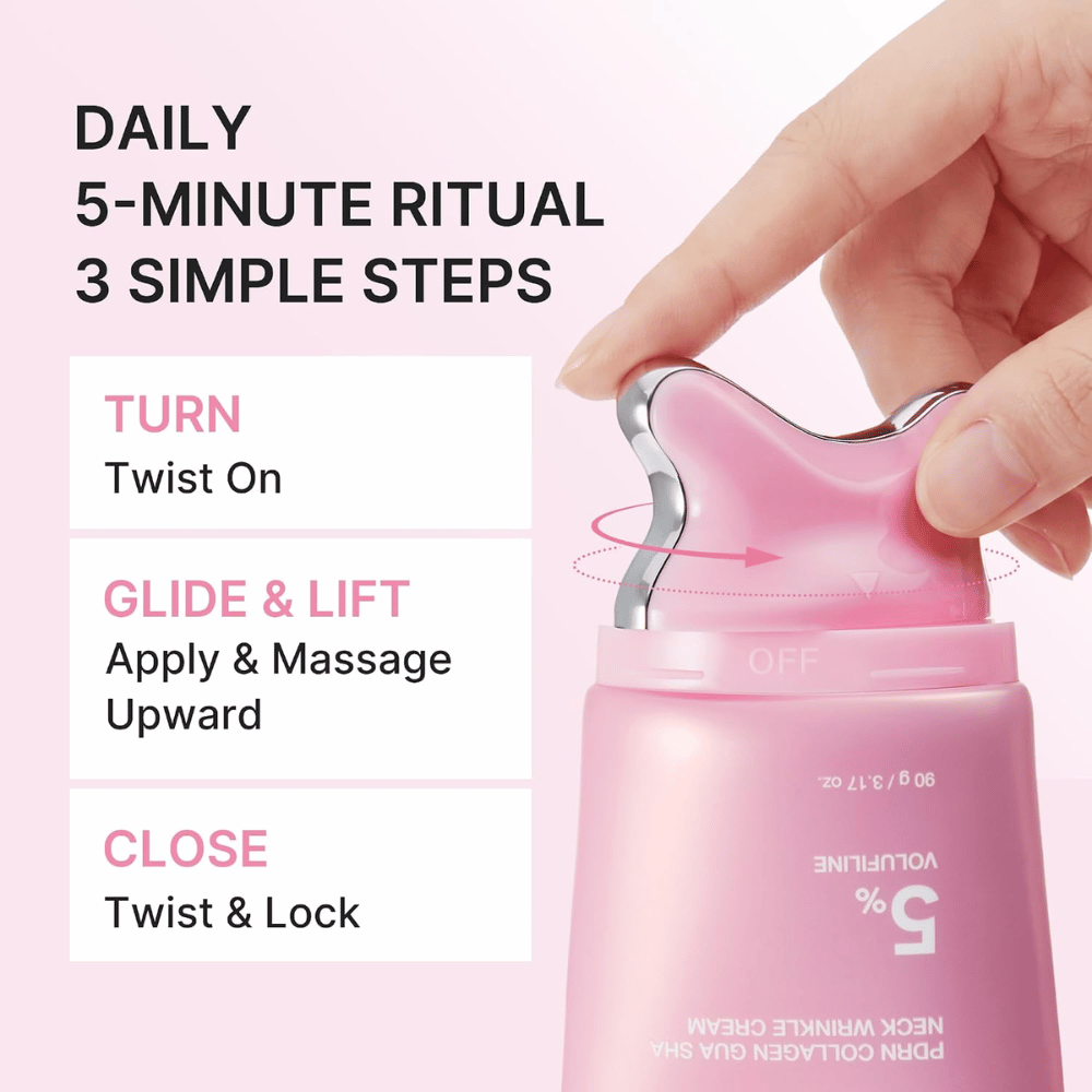 1. Medicube PDRN Collagen Gua Sha Neck Wrinkle Cream – application et massage en trois étapes simples