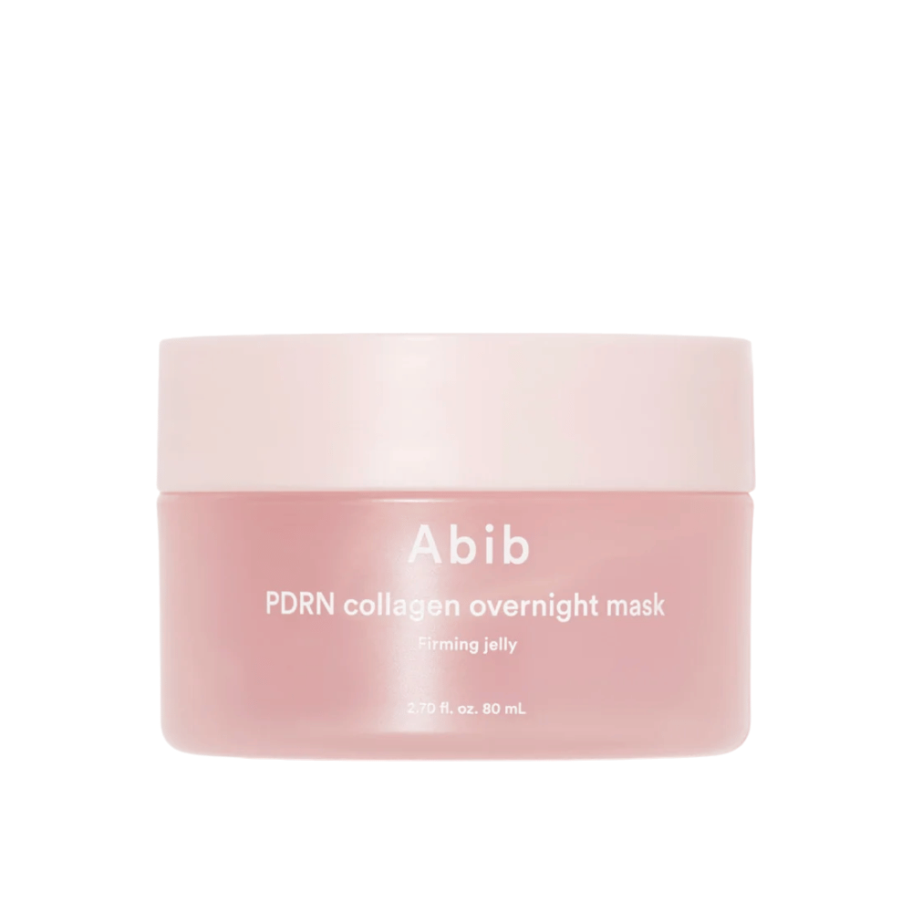 Image produit minimaliste de Abib PDRN Collagen Overnight Mask dans un pot rose, mettant l’accent sur le design et le nom du produit sur un fond clair.
