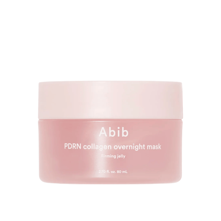 Image produit minimaliste de Abib PDRN Collagen Overnight Mask dans un pot rose, mettant l’accent sur le design et le nom du produit sur un fond clair.