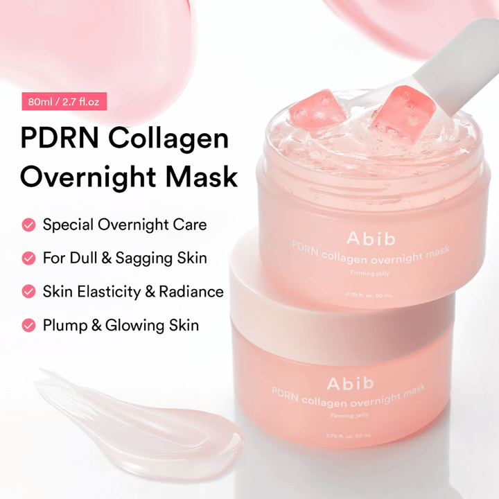 Image produit de Abib PDRN Collagen Overnight Mask avec une texture gel rose et une spatule en silicone qui met en valeur les propriétés hydratantes et illuminatrices du masque de nuit.