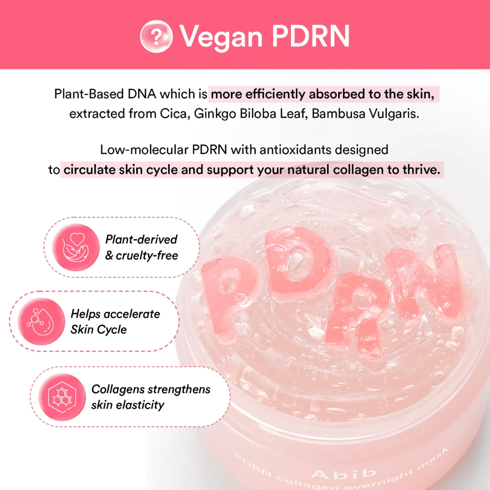 Image informative sur le PDRN végan, mettant l’accent sur les ingrédients d’origine végétale, la formule cruelty-free et le soutien à la production naturelle de collagène et au cycle cutané de la peau.