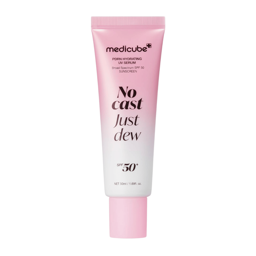 6. Medicube PDRN Hydrating UV Serum SPF 50+ 50 ml – tube rose et blanche avec protection solaire hydratante pour le visage