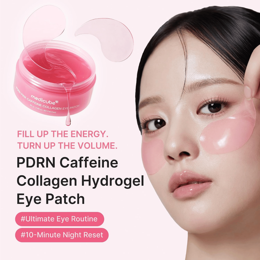 4. Medicube PDRN Pink Caffeine Collagen Eye Patch – masques hydratants roses pour les yeux en hydrogel qui donnent de l’éclat à la peau