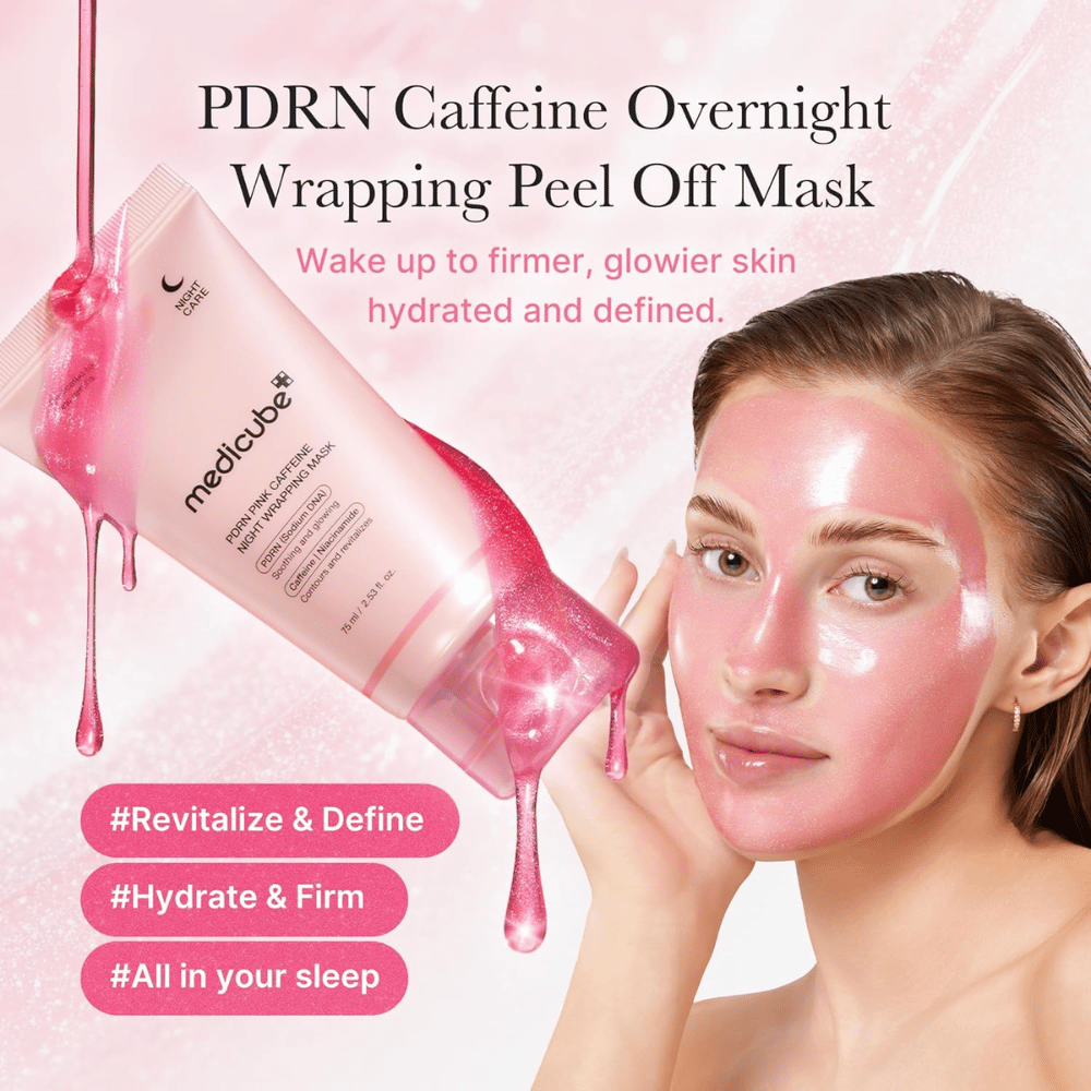 Medicube PDRN Pink Caffeine Night Wrapping Mask – masque de nuit peel-off rose avec PDRN et caféine pour l’hydratation, l’éclat et une sensation de fermeté.