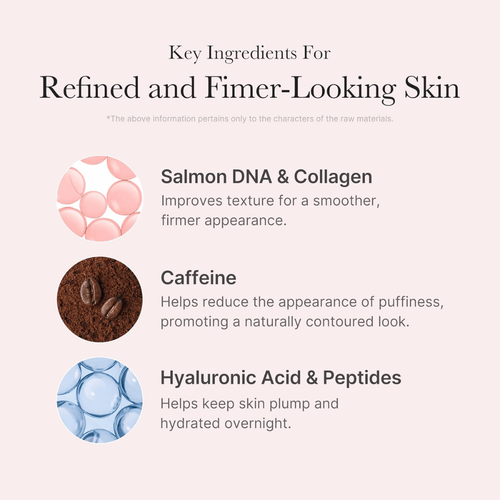 Medicube PDRN Pink Caffeine Night Wrapping Mask avec PDRN, collagène, caféine, acide hyaluronique et peptides pour une peau hydratée et plus ferme.