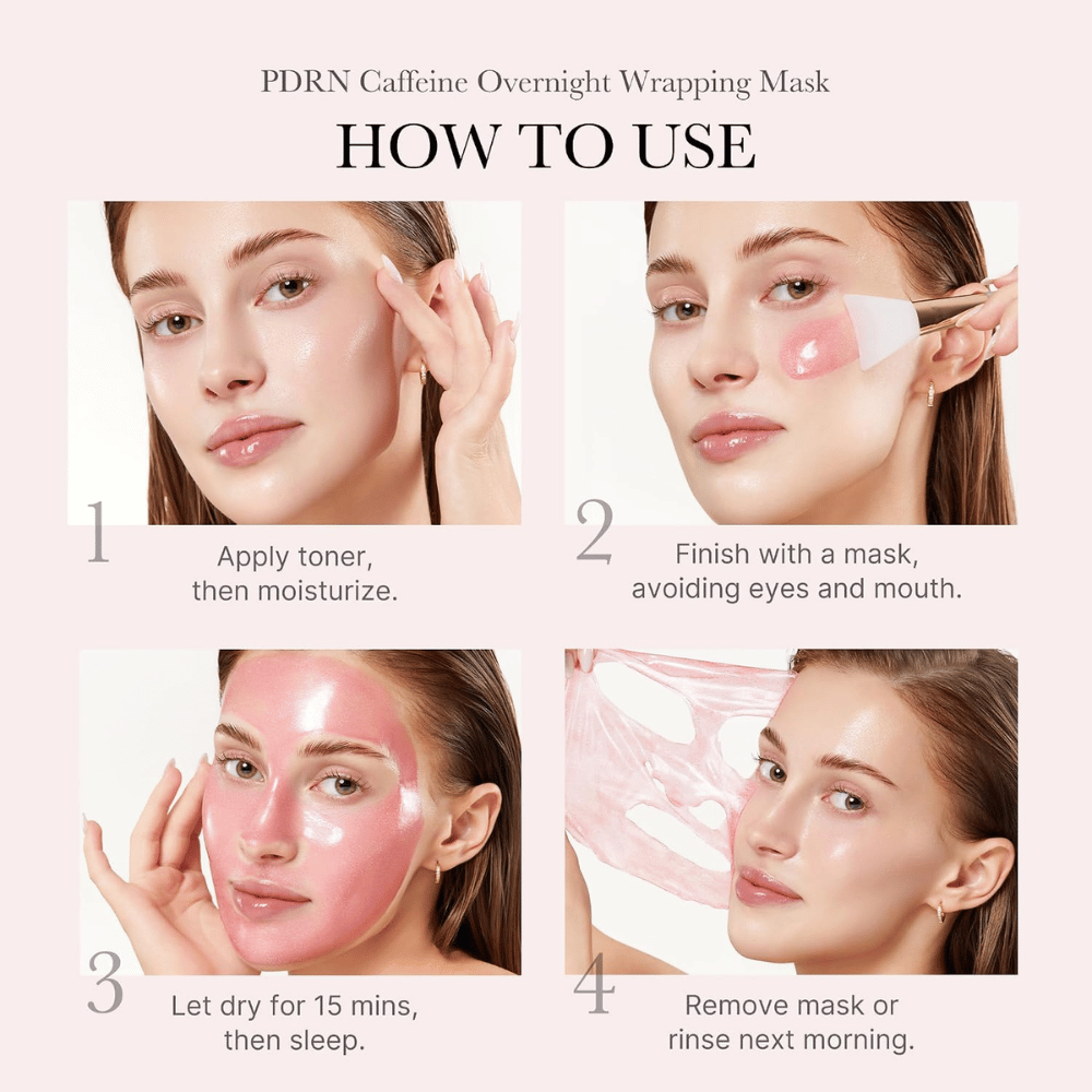Comment utiliser Medicube PDRN Pink Caffeine Night Wrapping Mask – appliquez le soir, laissez sécher et retirez le masque le matin.