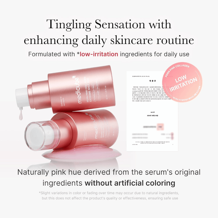 Medicube PDRN Pink Collagen Exosome Shot 2000 avec des informations sur la faible irritation. Le produit a une couleur rose naturelle provenant des ingrédients et est développé pour une utilisation quotidienne avec une sensation douce sur la peau.
