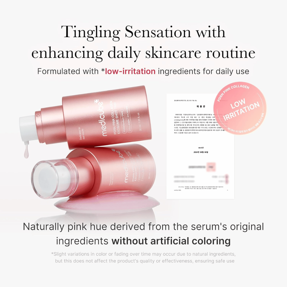 Medicube PDRN Pink Collagen Exosome Shot 7500 présentée en mettant l’accent sur la faible irritation. Le sérum a une teinte naturellement rose provenant des ingrédients et est développé pour procurer une sensation de picotement qui soutient la routine de soin de la peau.